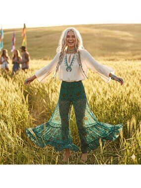 Free People Green Floral Penny Lane Pants 6 Boho Retro Hippie 70s Disco Flare S